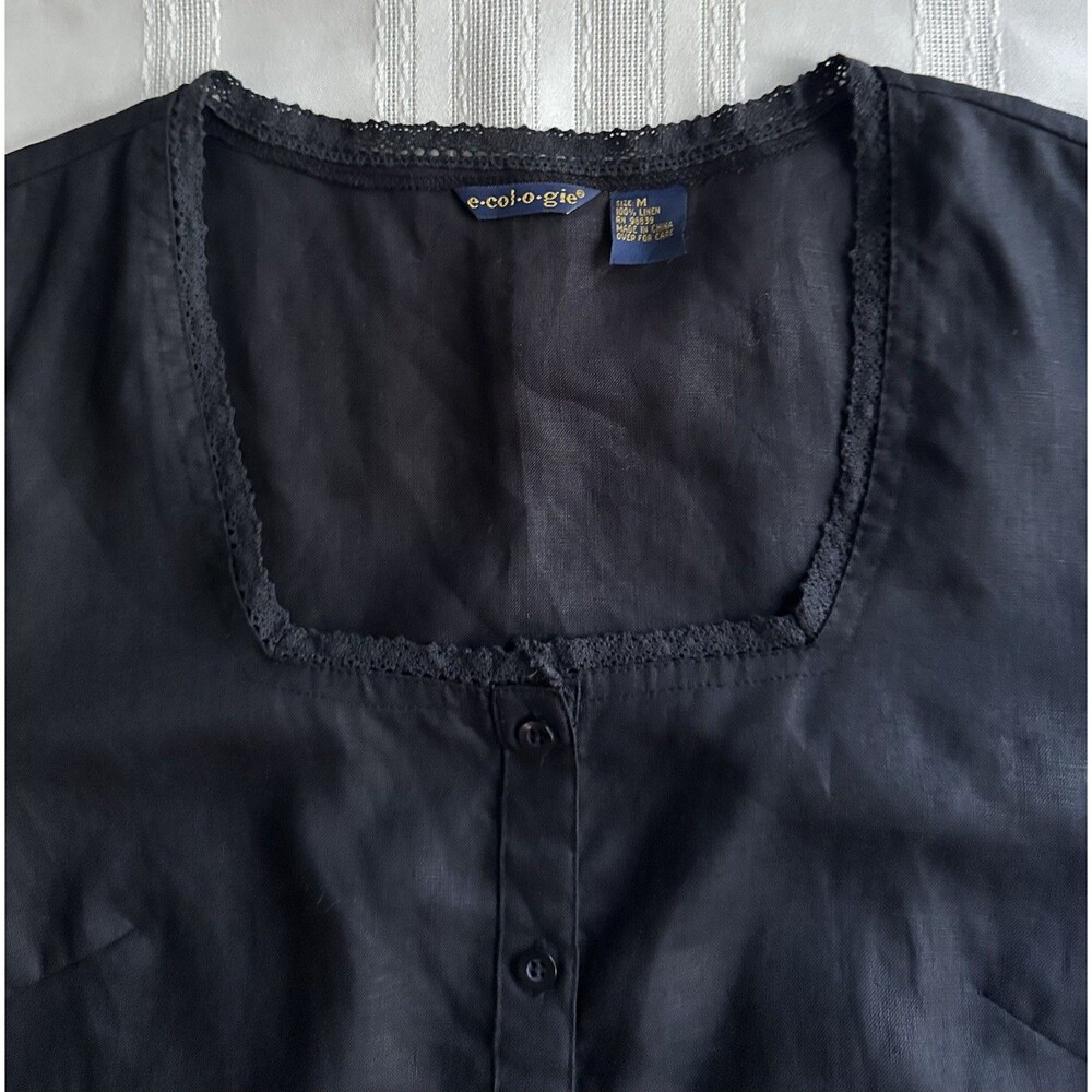 Ecologie Black 100% Linen Blouse, Size M, with White Embroidery and 3/4 Sleeve - Picture 12 of 13